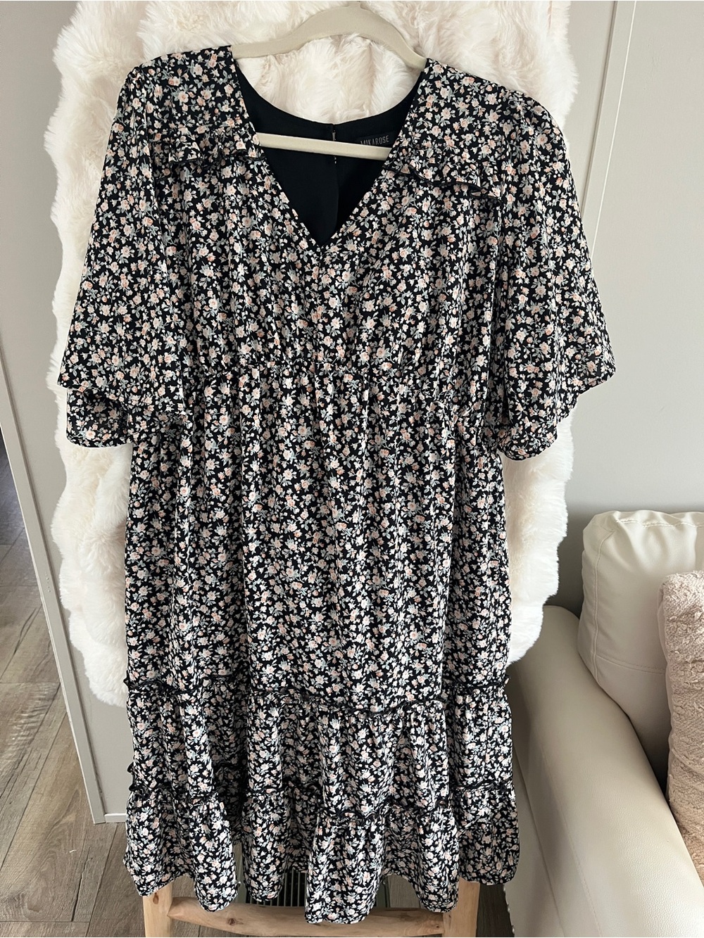 Mikarose Black Floral Ruffle-Trim Dress with Peach and White Blossoms
